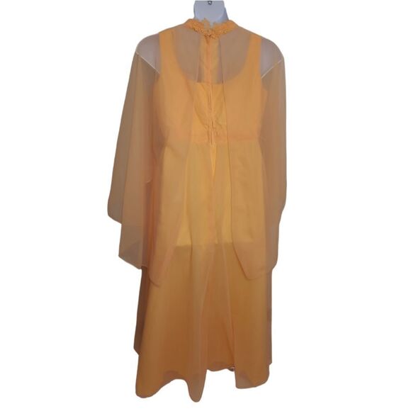 VINTAGE 70s creamsicle orange gown overlay cape‎ long maxi dress chiffon L - Picture 3 of 13